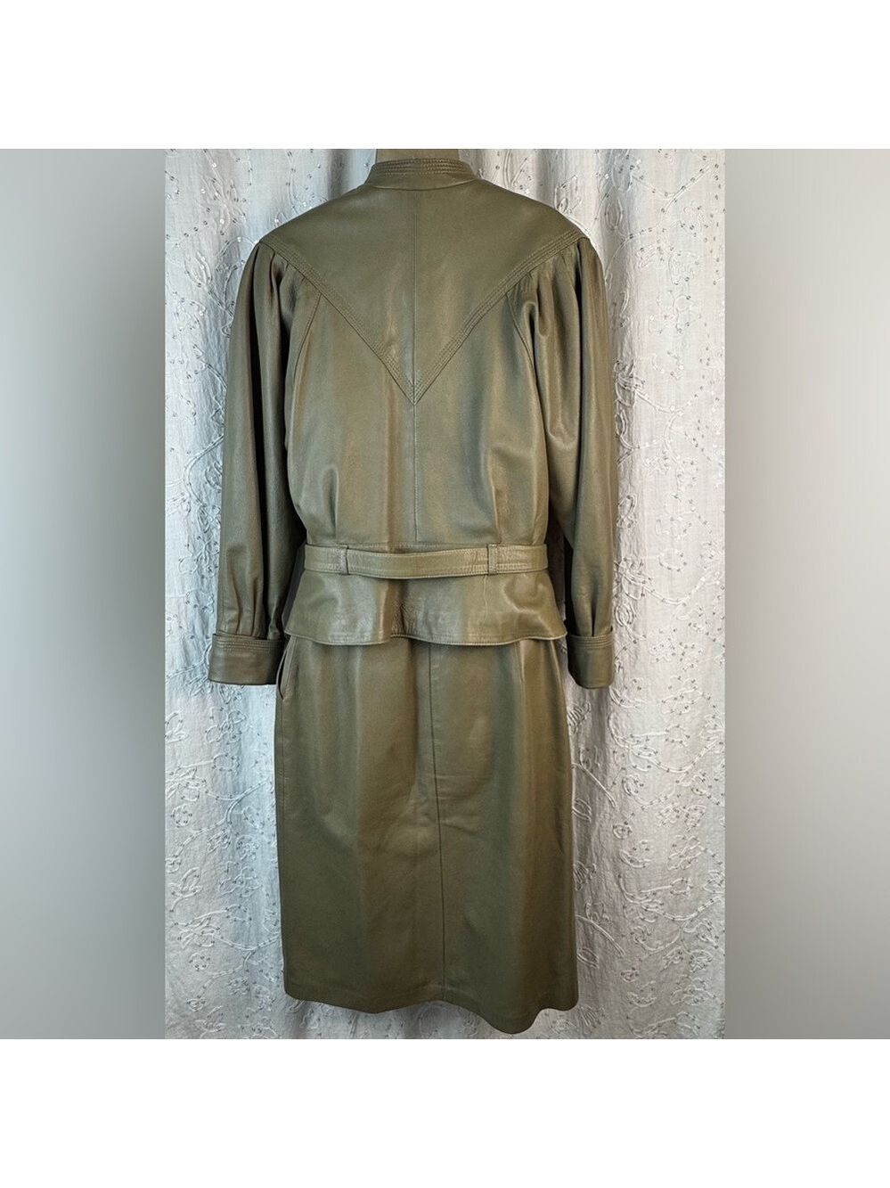 Vintage 80s Leather Jacket & Skirt Set Olive Taupe J. Porte Spain - Picture 5 of 14
